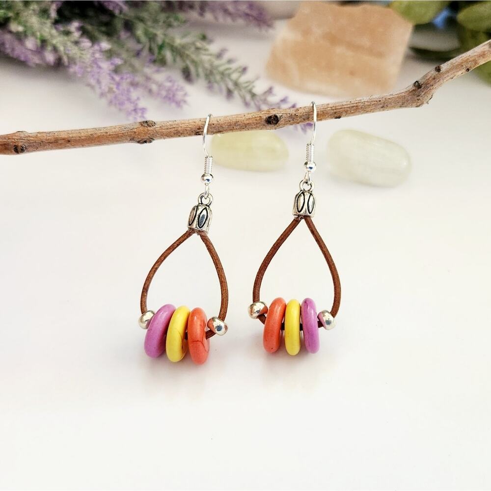 Leather Cord Dangle Earrings, Multicolor Turquoise Stone Beads Drop Earrings
